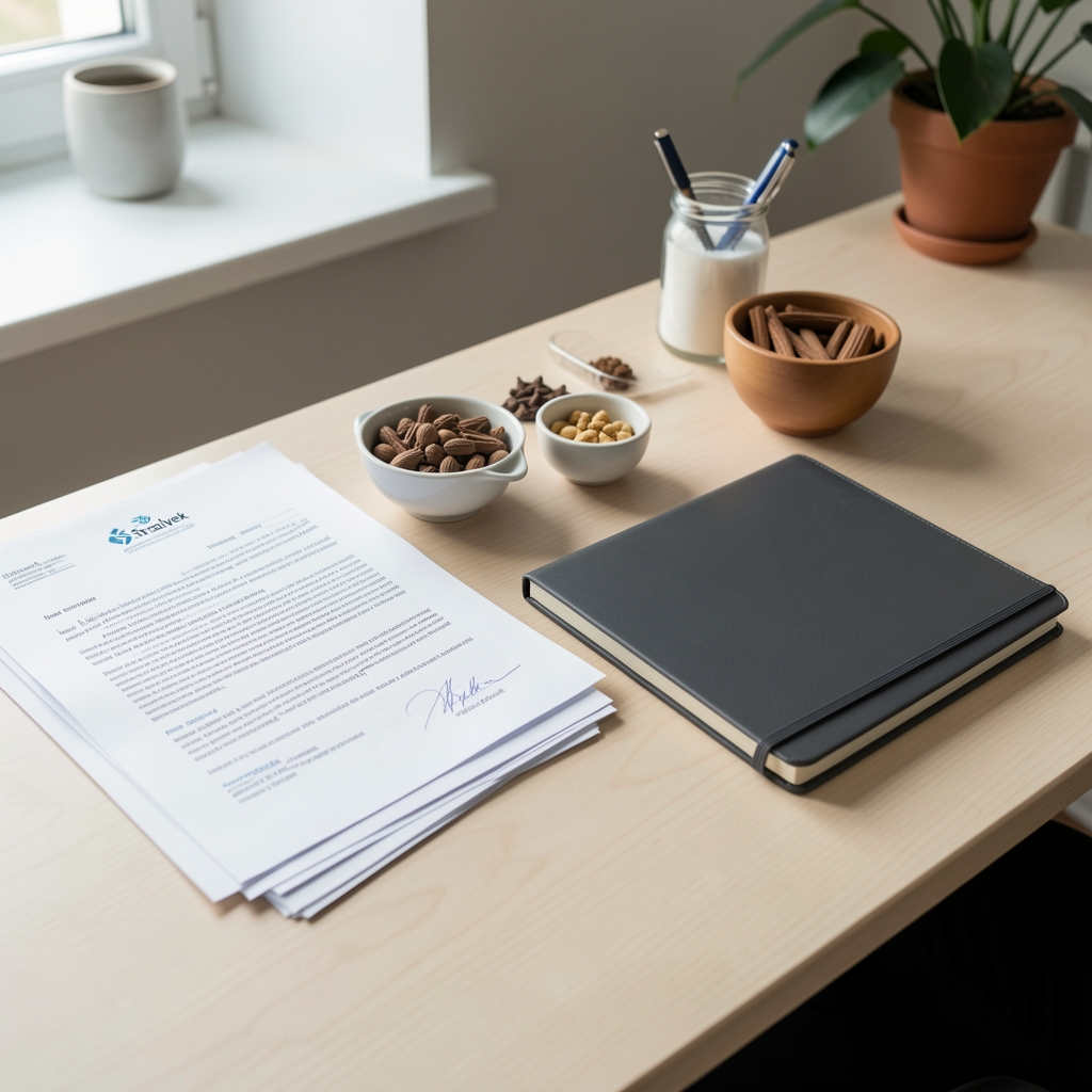 Svetlý pracovný stôl v Prešove s dokumentmi, miskami korenín a notebookom tímu Stralvek