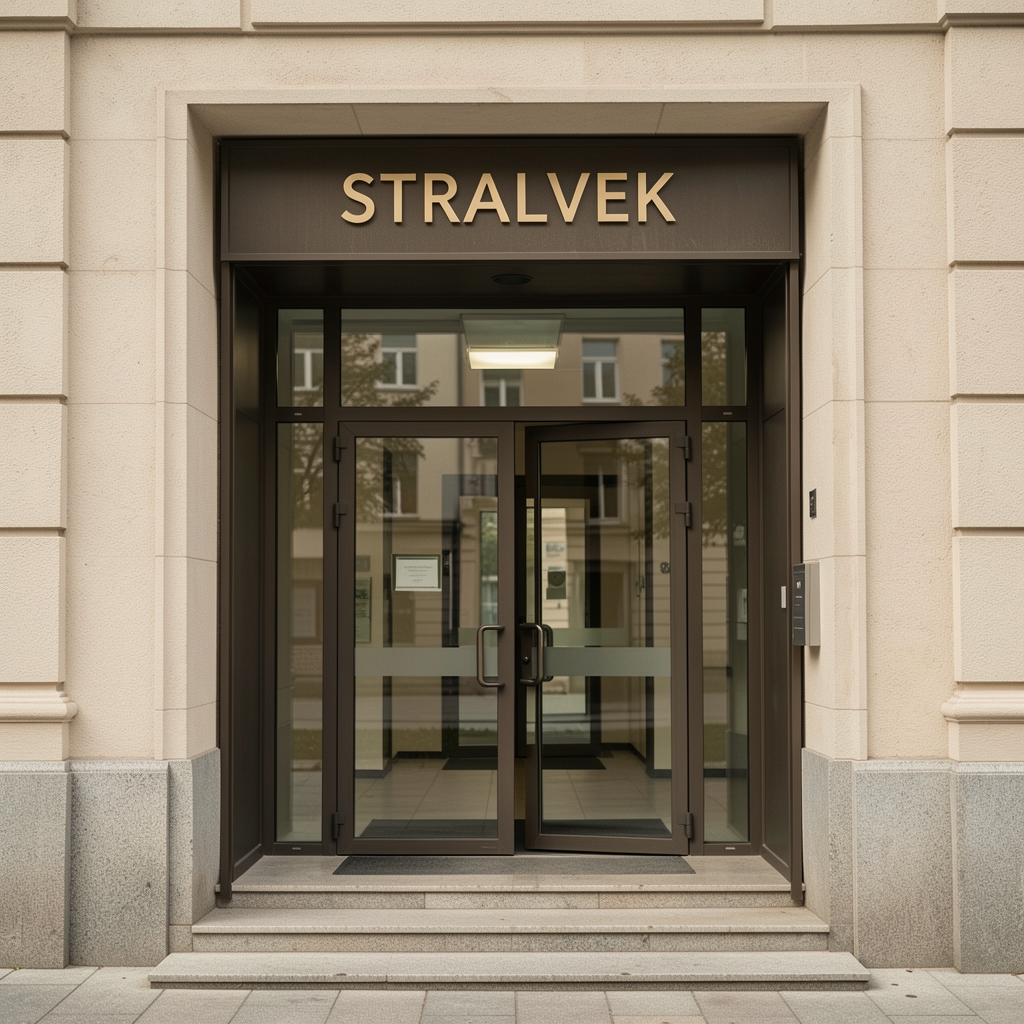 Vstup do kancelárie Stralvek v Prešove s decentným jantárovým označením