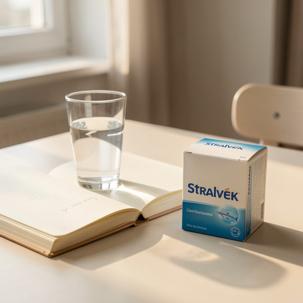 Pohár vody, otvorený zápisník a balenie Stralvek na svetlom rannom stole